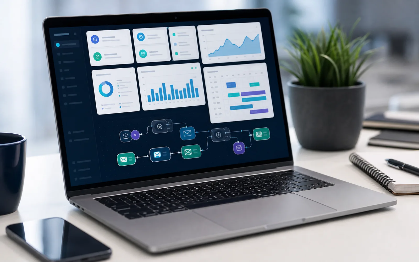 Laptop showing a dashboard with charts, booking blocks, and automation workflow nodes