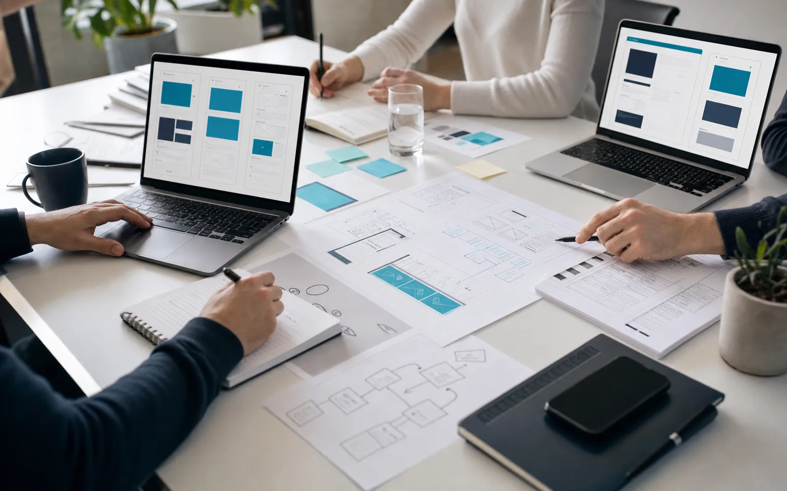 Website planning session with laptops, wireframes, and interface sketches